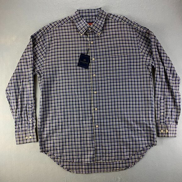 Austin Reed Shirt Mens Extra Large Blue Brown Yellow Plaid‎ Cotton Button Down - Picture 1 of 12